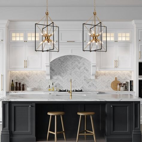 Kitchen Island Lighting Modern, Renovation Kitchen, Kitchen Storage Hacks, Black Kitchen Island, Kitchen Island Chandelier, Organizing Hacks, Kitchen Island Lighting Pendant, Gold Kitchen, Geometric Chandelier