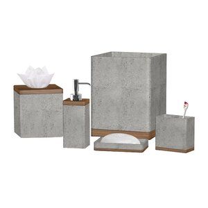 Greyleigh™ Stonington Concrete Stone/Wooden Wastebasket | Wayfair Wooden Bathroom Accessories, Wooden Soap Dish, Stone Bathroom, Concrete Stone, Architecture 3d, Bathroom Accessories Sets, Wooden Bathroom, Bathroom Countertops, Soap Pump