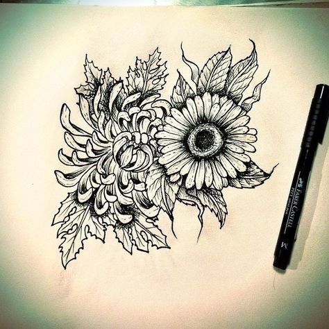 Chrysanthemum And Daisy Tattoo, Daisy Drawing, Chrysanthemum Tattoo, Pitt Artist Pens, Ink Well, Daisy Tattoo, The Pen, Custom Tattoo, Compass Tattoo