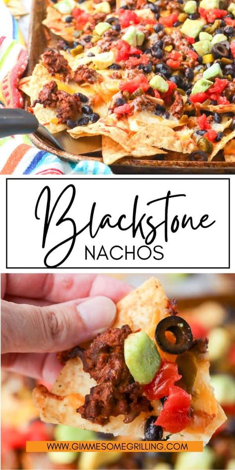 Blackstone Nachos are so amazing. Ground beef seasoned with taco seasoning, and cooked on the Blackstone with onions. Then layer onto thick tortilla chips with cheddar and Monterey Jack cheeses, plus black beans, everything gets warmed on the Blackstone. Topped off with your favorite nacho toppings. Black Stone Nachos, Southwest Appetizers, Blackstone Nachos, Blackstone Cooking, Nacho Toppings, Blackstone Recipes, Blackstone Grill, Chicken Gnocchi, Griddle Recipes