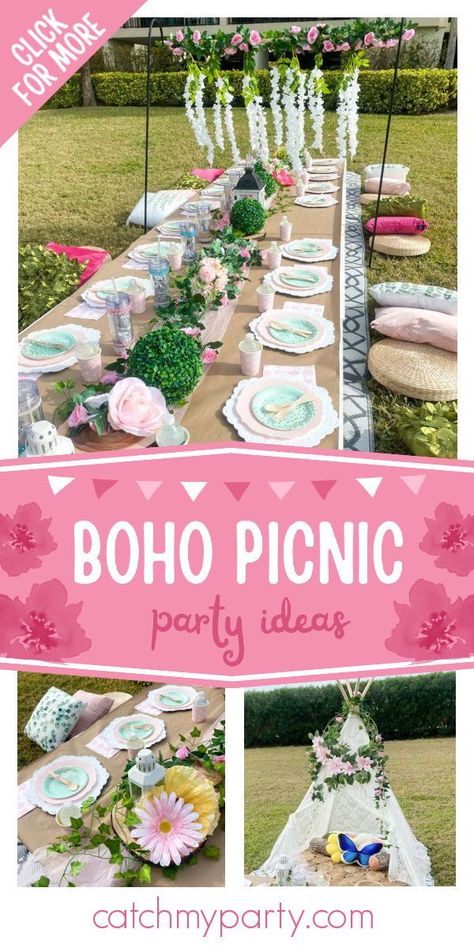 Don't miss this lovely boho picnic party! The table settings are gorgeous! See more party ideas and share yours at CatchMyParty.com Boho Picnic Birthday Party, Boho Themed Picnic, Boho Kids Birthday Table, Kids Boho Picnic Table, Boho Kids Party Amazon.com, Nella The Princess Knight, Fancy Birthday Party, Picnic Baby Showers, Boho Birthday Party