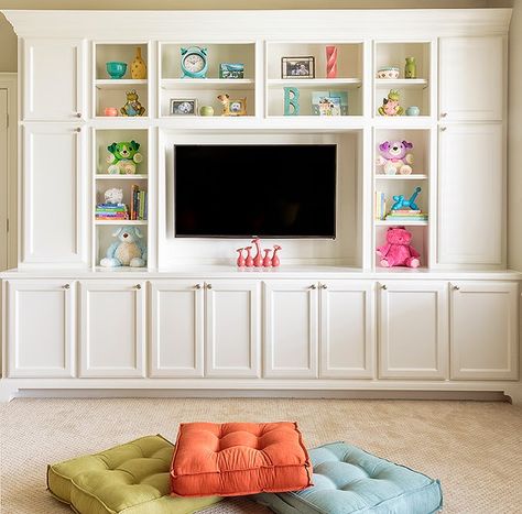 Family-friendly does not get more gorgeous than this! Interior designer Karen Davis of Marker Girl Home designed this beautiful home located in a suburb of Houston, Texas, captured by photographer … Toddler Toy Storage, Kids Playroom Storage, Basement Playroom, House Of Turquoise, Muebles Living, Playroom Storage, Playroom Organization, Toy Rooms, Family Room Design