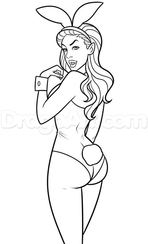 how to draw a playboy bunny step 8 Bunny Step By Step Drawing, Colouring Book Pages, Pencil Drawings Of Girls, Bunny Drawing, Adult Coloring Designs, Drawing Guide, Fairy Coloring Pages, Fairy Coloring, Desenho Tattoo