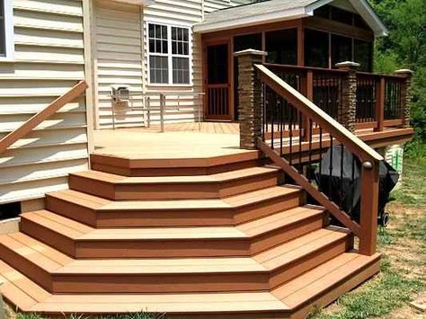 Deck Design Plans, Back Porch Designs, Brick Porch, Patio Stairs, Outdoor Improvements, Front Porch Steps, Front Door Steps, Front Stairs, Work Photos