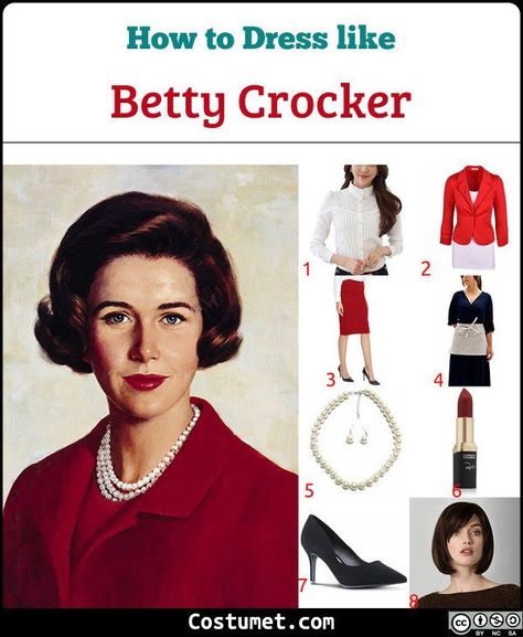 Betty Crocker wears a white shirt topped with a red blazer, a red skirt, a pearl necklace and ear studs, a black and white polka dot apron, red lipstick, black high heels.           #Female #female #commercial #mascot #misc #baker #food Betty Crocker Costume, Baker Costume Women, Best Costumes, Costume For Halloween, White Pearl Necklace, White Button Down Shirt, Costume Parties, Red Skirt, Brown Wig