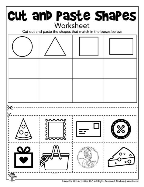 Shape Sorting Cut and Paste Printable | Woo! Jr. Kids Activities : Children's Publishing Sorting Worksheet, Shape Worksheets For Preschool, Maternelle Grande Section, Kindergarten Math Free, Shapes Worksheet Kindergarten, Kindergarten Math Worksheets Free, Shape Activities Preschool, Worksheet For Kindergarten, Shapes Kindergarten