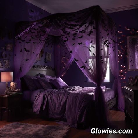 Purple And Black Goth Bedroom, Purple And Black Gothic Bedroom, Bedroom Purple And Black, Goth Purple Bedroom, Purple Gothic Room, Purple Apartment Bedroom, Purple And Black Bedroom Aesthetic, Purple Witch Bedroom, Emo Aesthetic Bedroom