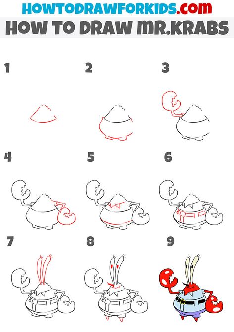 how to draw mr.krabs step by step How To Draw Spongebob Characters Step By Step, Mr Crabs Drawings, How To Draw Spongebob Step By Step, Easy Drawings Step By Step Sketches, Mr Krabs Drawing, How To Draw Spongebob, Crab Drawing, Disney Drawing Tutorial, Line Tattoo Ideas