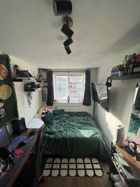 Masc Room, Satin Bedding, Satin Sheets, Man Room, Green Bean, Small Room, Room Aesthetic, Aesthetic Room, Small Bedroom