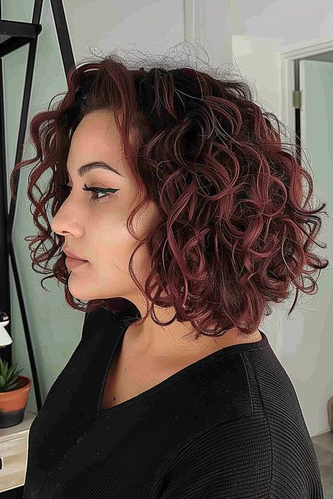 Short Curly Burgundy Hair, Curly Lob Hairstyles, Stacked Curly Bob Haircut, Shoulder Length Curly Bob, Red Wavy Bob, Perm Ideas, Curly Inverted Bob, Long Curly Bob, Curly Bobs