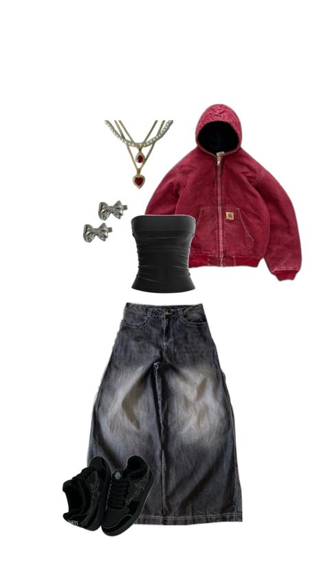 streetwear outfit carhartt workwaer jacket tube top vicinity sneakers bows red fit check thrift shop Red Carhartt Jacket, Carhartt Jacket Outfit, Trendy Outfits For Teens, Carhartt Jacket, Red Fits, Thrift Shop, Jacket Outfit, Cute Everyday Outfits, Cute Simple Outfits