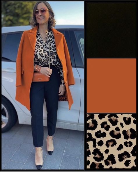 Orange Wide Leg Pants Outfit, Leopard And Orange Outfit, Orange Pants Outfit Fall, Yellow Blazer Outfit Business, Fall Multicolor Printed Blazer, Fall Printed Multicolor Blazer, Fall Orange Office Blazer, Orange Pants Outfit Work, Fall Color Outfits