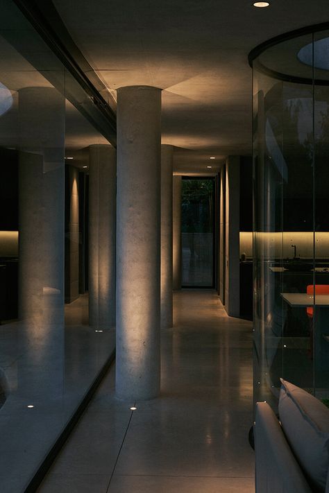 Steel Architecture, Column Lighting, Concrete Interiors, Concrete Facade, Concrete Materials, Column Design, Concrete Color, Curved Walls, Residential Lighting