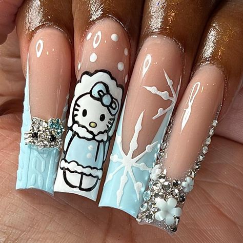 Hello Kitty Xmas🫧☃️🩵🌨️ All Hand Drawn . Using @millanailtrapsupply XXL Square No C Curve Half Cover Tips ✨ use BA code “Brooklyn11” to sa… | Instagram Hello Kitty Xmas, Christmas Nail Designs Acrylic, December Nails, Acrylic Nail Set, Hello Kitty Nails, Nail Art Designs Diy, Short Square Acrylic Nails, Long Acrylic Nails Coffin, Unique Acrylic Nails