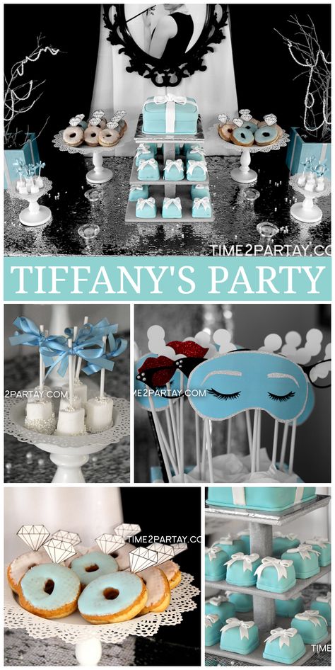 A Tiffany & Co. themed bridal shower with photo booth props, tiny cakes and glamorous decorations!  See more party planning ideas at CatchMyParty.com! Breakfast At Tiffanys Party Ideas, Tiffany Themed Bridal Shower, Tiffany Birthday Party, Tiffany Birthday, Tiffany Theme, Tiffany Bridal Shower, Tiffany's Bridal, Tiffany Party, Cheap Wedding Rings