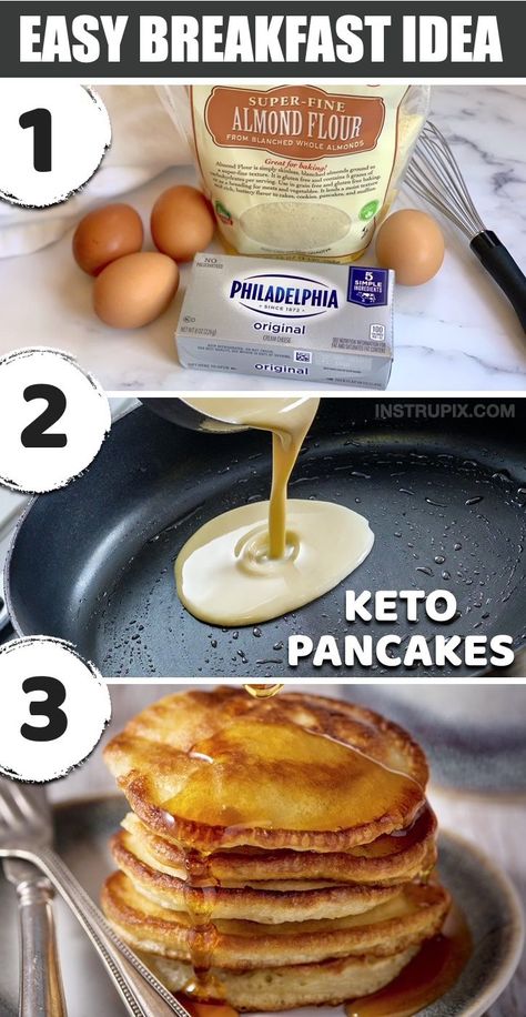 These delicious keto pancakes are made with just almond flour, cream cheese and eggs. That’s right! These 3 simple ingredients come together like magic to make a classic breakfast that you don’t have to feel guilty about. Top them with a sugar-free syrup or pureed berries. Yum! They are absolutely delightful, especially when you’re used to eating scrambled eggs every morning and are craving something sweet. So easy to make, even on busy weekday mornings! Keto Pancakes Almond Flour, Pancakes Almond Flour, Best Low Carb Breakfast, Best Keto Pancakes, Low Carb Pancake Recipe, Almond Flour Pancakes, Low Carb Pancakes, Postre Keto, Keto Pancakes