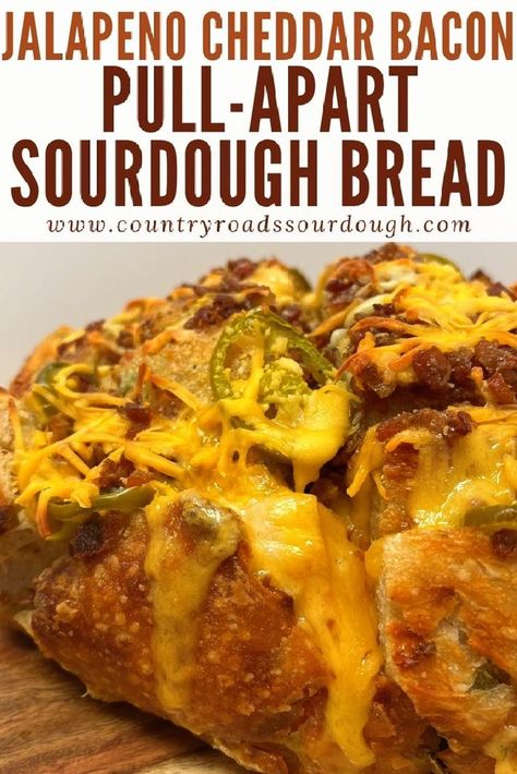 Elevate your game day snacks with The Best Jalapeño Cheddar Bacon Pull-Apart Bread! This easy sourdough appetizer is packed with gooey cheese, smoky bacon, and a kick of jalapeño. Perfect for Thanksgiving, Christmas, or any holiday party, this bread is made from scratch and perfect for sharing. It’s a cheesy, savory delight that’s sure to be a hit at your next gathering. Simple to make, this pull-apart bread is the must-have appetizer for all your hosting needs! Bacon Pull Apart Bread, Homemade Goldfish, Homemade Goldfish Crackers, Easy Sourdough Recipes, Overnight Recipes, Sourdough Bread Starter, Easy Sourdough, Bread Starter, Stuffed Jalapenos With Bacon