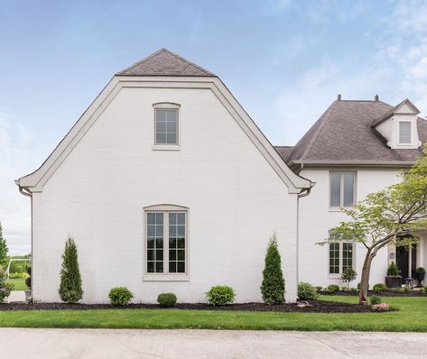 Window Trim Exterior Colors, White Stucco White Trim, Light Green Shutters White House, European Exterior Paint Colors, White House Greige Trim Exterior, White House Taupe Trim Exterior, Exterior Window Trim Ideas Stucco, Light Taupe Exterior House Colors, White And Taupe Exterior