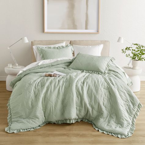 Chelsea Square Himari Diamond Quilted Ruffle Edge Comforter Set - Bed Bath & Beyond - 40608628 Green Ruffle Bedding, King Size Comforter Sets Green, Safe Green Comforter, King Size Bed Comforters Green, Green Comforter Bedroom Bed Bath & Beyond, Fluffy Comforter, Boho Comforters, Solid Bed, Quilted Top