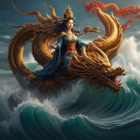 Mazu goddess of the sea and her dragon pet - AI Generated Artwork Mazu Goddess, Dragon Goddess, Chinese Goddess, Dragon Pet, Sea Goddess, Goddess Of The Sea, Pet Dragon, Scene Image, Art Generator