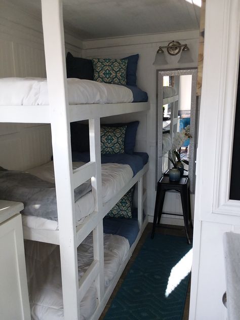 Bunk Beds Tiny House, Tiny Cabin Bunk Beds, Built In Bunk Beds Small Room Cabin, Tiny House Bunk Beds Built Ins, Tiny Home Bunk Beds, Tiny Bedroom Bunk Beds, Caravan Triple Bunks, Adding Bunk Beds To A Camper, Built In Triple Bunk Beds