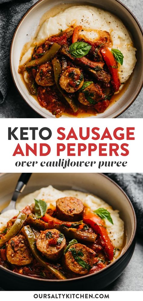 Old school Italian gets a makeover with healthy sausage and peppers. Serve over cauliflower puree for a whole30 and keto friendly dinner the entire family will love - even your picky eaters. Ready in 45 minutes, you too can achieve healthy comfort food on a harried weeknight. Leftovers reheat beautifully for lunch the next day, the recipe easily doubles for a freezer stash. #whole30 #lowcarb #keto #italian #healthydinner Whole 30 Sausage Recipe, Whole 30 Italian Recipes, Vegan Sausage And Peppers, Sausage And Peppers Recipe, Italian Sausage And Peppers, Stuffed Peppers Healthy, Veggie Sausage, Cauliflower Puree, Cauliflower Mash