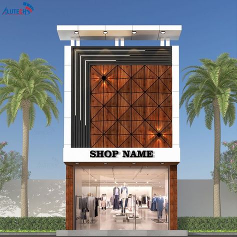 building façade Acp Elevation Design For Showroom, Acp Sheet Exterior Elevation, Hpl Sheet Elevation, Commercial Shop Elevation Design, Acp Exterior Design For Home, Acp Elevation Design For Shop, Acp Exterior Design, Beautiful Clinic, Acp Facade Design