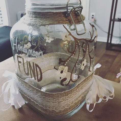 Honeymoon Fund Jar created by me! Honeymoon Fund Jar Ideas, Diy Honeymoon Fund Ideas, Honey Moon Fund Jar Wedding, Diy Honeymoon Fund Jar, Wedding Fund Jar Ideas, Honeymoon Fund Box Ideas, Honeymoon Fund Ideas, Honeymoon Jar, Honeymoon Fund Jar