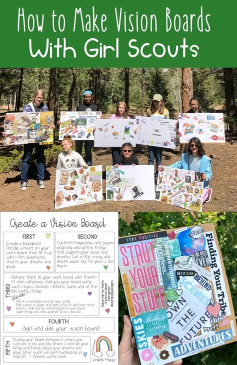 How to Make Vision Boards with Girl Scouts #visionboard #kidcraft #girlscouts #thermoweb #campcraft Outdoor Art Apprentice Cadette Badge, Girl Scout Party Ideas, Girl Scout Ideas Activities, Girl Scout Cadette Meeting Ideas Fun, Girl Scout Craft Ideas, Girl Scout Juniors Activities, Girl Guides Activities, Girl Scout Activity Ideas, Girl Scouts Activities