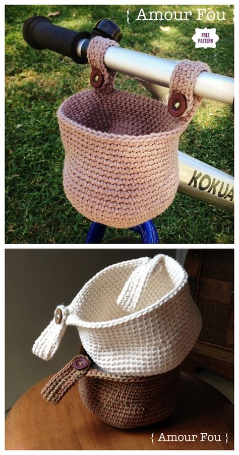 Crochet Bike Hanging Basket Free Crochet Pattern Crochet Hanging Baskets, Crochet Basket Tutorial, Crocheted Baskets, Crochet Plant Hanger, Crochet Basket Pattern Free, Crochet Hanging, Crochet Storage Baskets, Kids Baskets, Kids Purse