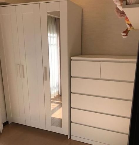 IKEA Brimnes/Malm Brimnes Closet, Brimnes Ikea, Ikea Brimnes Wardrobe, Brimnes Wardrobe, Ikea Brimnes, Armoire Ikea, Small Guest Bedroom, Ikea Wardrobe, Easy Room Decor