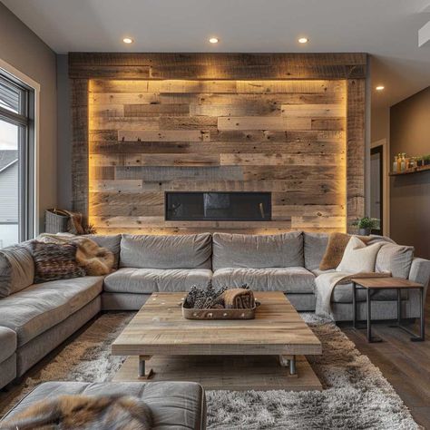 Stone Wall Accent Living Room, Industrial Style Accent Wall, Walnut Accent Wall, Stone Accent Wall Living Room, Living Room Shiplap Accent Wall, Stone Living Room Wall, Stone Accent Walls In Living Room, Trim Accent Wall Ideas, Wood Trim Accent Wall