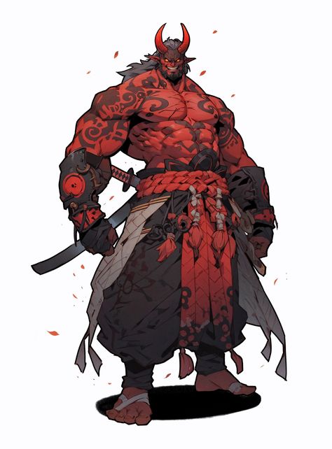 Diablo Character Art, Tattoos Character Design, Four Armed Character Concept Art, Demon Barbarian, Oni Concept Art, 4 Arms Character Design, Red Character Design, Oni Character Design Male, Devil Character