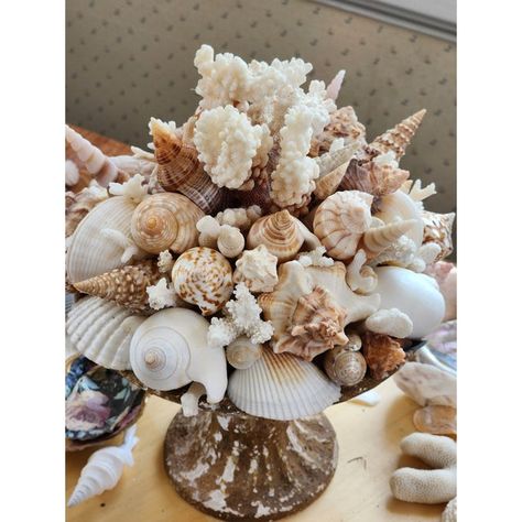 Sea Shell-Encrusted Table Centerpiece | Chairish Sea Shell Collection, Grandma Coastal, Coastal Table Decor, Seashell Centerpieces, Shell Centerpieces, Bride Groom Table, Coastal Table, Oyster Shell Crafts, Seashell Projects