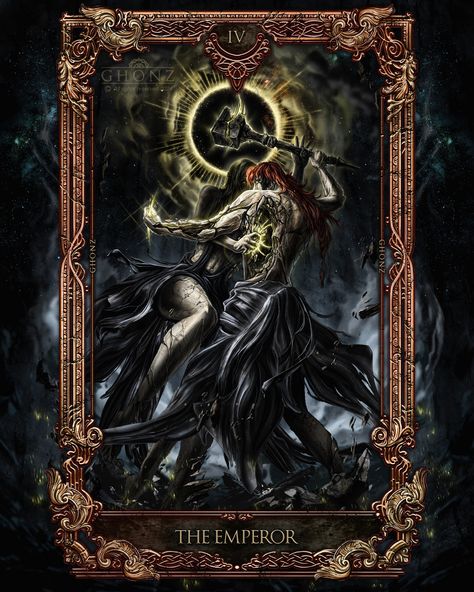 Radagon, Rework Tarot Card: The Emperor IV,  on ArtStation at https://www.artstation.com/artwork/Jvmk1n Elden Ring Tarot, Dark Souls Tarot, Tarot Card The Emperor, Emperor Tarot, The Emperor Tarot, Soul Game, Dark Soul, Elden Ring, Tarot Art