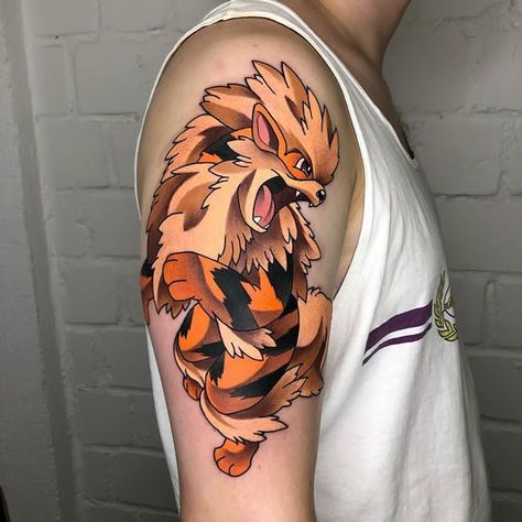 Mash Up Tattoos, Growlithe Tattoo, Pokemon Sleeve Tattoo, Arcanine Tattoo, Pokemon References, Anime White Hair Boy, Pokemon Sleeves, Pokemon Tattoos, Pikachu Tattoo