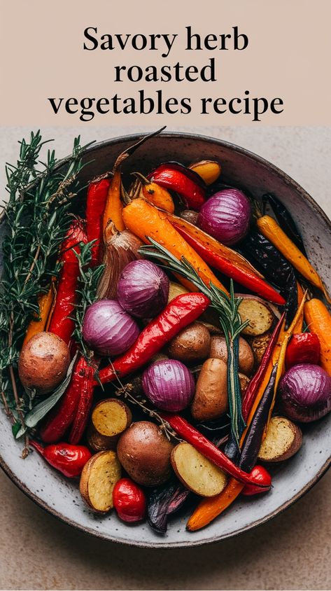 A bowl of colorful roasted vegetables with herbs. Middle Eastern Roasted Vegetables, Roasted Vegetables Oven Christmas, Roasted Vegetables Christmas, Christmas Roasted Vegetables, Roasted Veggies Sheet Pan, Herb Roasted Vegetables, Holiday Vegetables, Root Vegetable Recipes, Veggies In The Oven