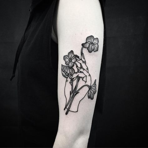 “Hand holding a bunch of violets for Sophie. Thanks again :) done at @hiddenmoontattoo” Traditional Tattoo Hand Holding, Tattoo Hand Holding Flowers, Cauldron Tattoo, Thistle Tattoo, Tattoo Goo, Best Tattoo Ever, Witch Tattoo, Tattoos For Women Half Sleeve, Tattoo Hand