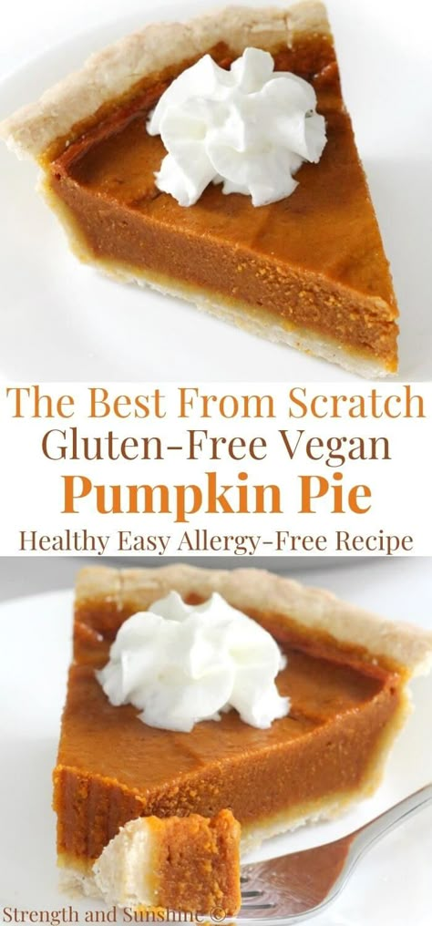 The Best Gluten-Free Vegan Pumpkin Pie (Allergy-Free) | Strength and Sunshine | Hands down, the BEST Gluten-Free Vegan Pumpkin Pie recipe! This easy from scratch recipe is allergy-free, healthy, and delicious! Smooth and creamy pumpkin filling and a flaky buttery crust, topped with dairy-free whipped cream! A slice of this classic homemade pie is just what you need for a Thanksgiving or holiday dessert that will wow everyone! #pumpkinpie #gluten-freepie #veganpie #thanksgiving #pie #pumpkin Vegan Pumpkin Pie Filling, Pb Desserts, Cheesecake Pumpkin Pie, Vegan Autumn, Vegan Pumpkin Pie Recipe, Thanksgiving Vegan, Cheesecake Pumpkin, Dessert Pumpkin, Vegan Birthday