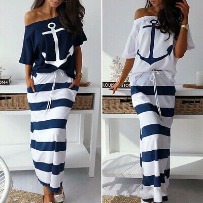 Nautical Clothing, Two Pieces Dress, Skirt Set Two Piece, Sea Anchor, Striped Maxi Skirt, Off Shoulder T Shirt, Sukienki Plus Size, Dress T Shirt, Striped Maxi Skirts