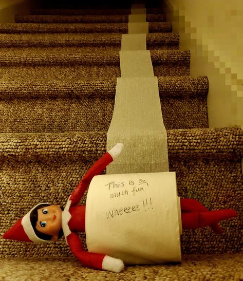 Nothing simpler than a quick roll of TP and a push down the stairs! Elf On The Shelf Stairs, Awesome Elf On The Shelf Ideas, Elf Activities, Elf Fun, Baby Planning, Elf Ideas, Shelf Ideas, On The Shelf, Game Night