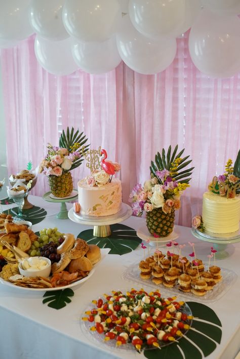 Tropical Chic Bridal Shower Ideas, Rose Gold Tropical Party, Wedding Shower Tropical Theme, Tropical Oasis Theme Party, Flamingo Wedding Shower Ideas, Bridal Shower Ideas Tropical, Pink Tropical Bridal Shower Ideas, Tropical Bridal Shower Food Ideas, Tropical Bridal Shower Ideas Decor