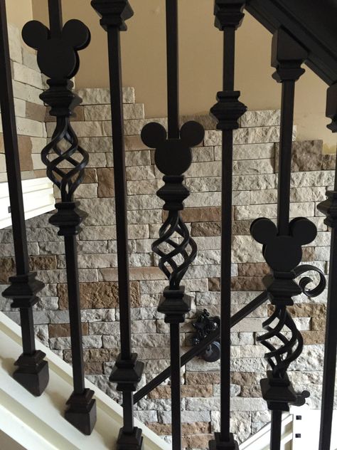 Mickey Mouse spindles, work in progress! Mickey Mouse Office Ideas, Disney Furniture Home Decor, Hidden Mickey Decor, Mickey Mouse Furniture, Disney Office Ideas, Mickey Mouse Living Room, Disney Stairs, Disney Room Ideas, Disney Farmhouse