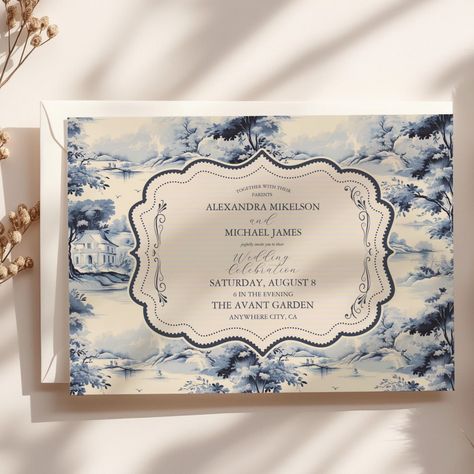 Elegant French Blue Vintage Floral Wedding Invitation French Aesthetics, Vintage Floral Wedding Invitations, Vintage Floral Wedding, Blue Floral Wedding, Unique Invitations, Floral Wedding Invitation, Wedding Keepsakes, French Blue, Timeless Wedding