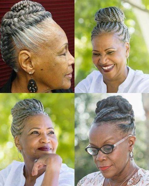 Twist Braids Hairstyles For Older Black Women, Braids For Grey Hair, Braids For Gray Hair Black Women, Older Woman Braid Styles Black, Braided Updo For Black Women Gray Hair, Cornrow Hair Styles For Black Women, Braid Styles For Older Women Over 50, Braided Hairstyles For Black Older Women, Medium Curly Hair Styles Updo