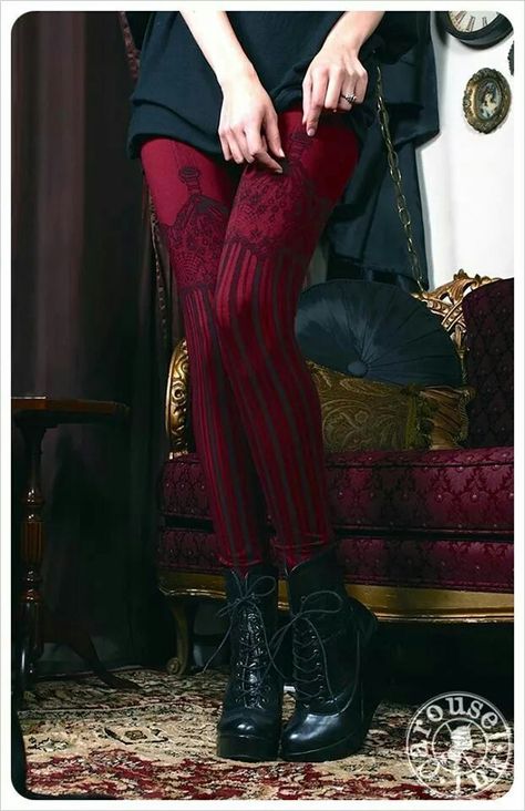 ..::★Burlesque Legging in Burgundy!   ☛ http://carouselink.com/collections/leggings-1/products/burlesque-legging-by-carousel-ink-burgundy Garter Leggings, Funky Tights, Suspender Tights, Tokyo Street Fashion, Burgundy Leggings, Printed Tights, Grunge Look, Stocking Tights, Womens Tights