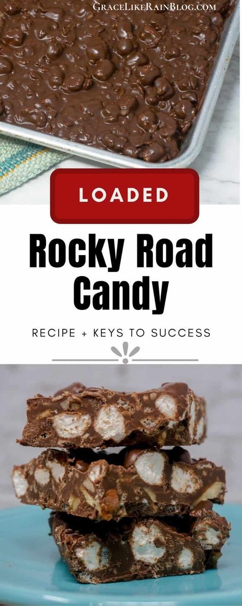 Rocky Road Candy is a fun little chocolate candy bar that is chock full of traditional marshmallows and nuts and Rice Krispies for crunch. You're going to love this simple recipe. This is a perfect easy Make-ahead candy recipe for Christmas or any time of year. You can make this in the microwave so it's no-bake. It only takes a few minutes to whip up this candy recipe. Then you just have to let it cool and harden up. Candy for Christmas gifts or a cookie/candy exchange. #Christmas #Candy Ragtag Candies, Rocky Road Candy Recipe, Candy For Christmas, Stovetop Appetizers, Rocky Road Candy, Christmas Candy Easy, Christmas Candy Homemade, Gooey Butter Cake, Candy Recipe