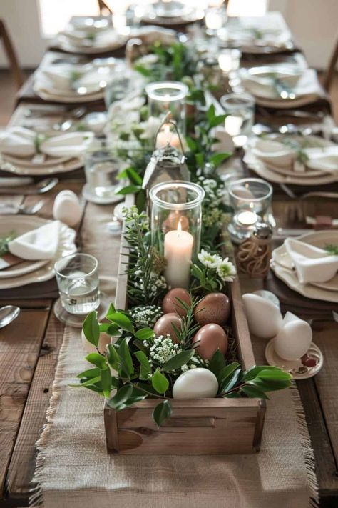 rustic charm easter tablescape with eggs and candles Elegant Easter Tablescapes Ideas, Simple Easter Tablescapes, Easter Table Settings Elegant, Easter Dinner Party, Elegant Tablescapes, Green Tablescape, Table Settings Tips, Easter Dinner Table, Modern Easter