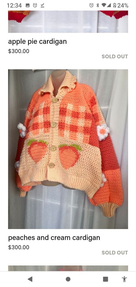 Fruit Cardigan, Chanel Cardigan, Peach Cardigan, Pink Starburst, Lemon Blossoms, Crochet Fruit, Peaches And Cream, Peach Fruit, Brown Cardigan