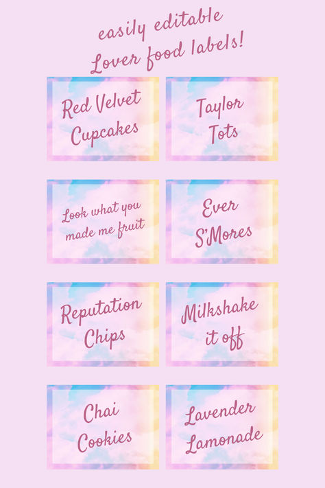 Food labels perfect for a Taylor Swift Eras party. They are sized to 4 x 6in, so very easy and cheap to get printed at your local Walmart, Walgreens, Staples, etc. Then just fold them in half to stand up. 8 labels included, with pictures and Lover font: - Taylor Tots - Red Velvet Cupcakes - Chai Cookies - Lavender Lemonade - Milkshake it off - Reputation chips - Ever s'mores - Look what you made me fruit Taylor Swift Party Punch, Taylor Swift Party Drinks For Kids, Taylor Swift Party Printables, Taylor Swift Themed Desserts, Taylor Swift Birthday Food Ideas, Taylor Swift Candy Bar, Eras Party Food, Swiftie Birthday Party Ideas, Taylor Swift Party Food Puns